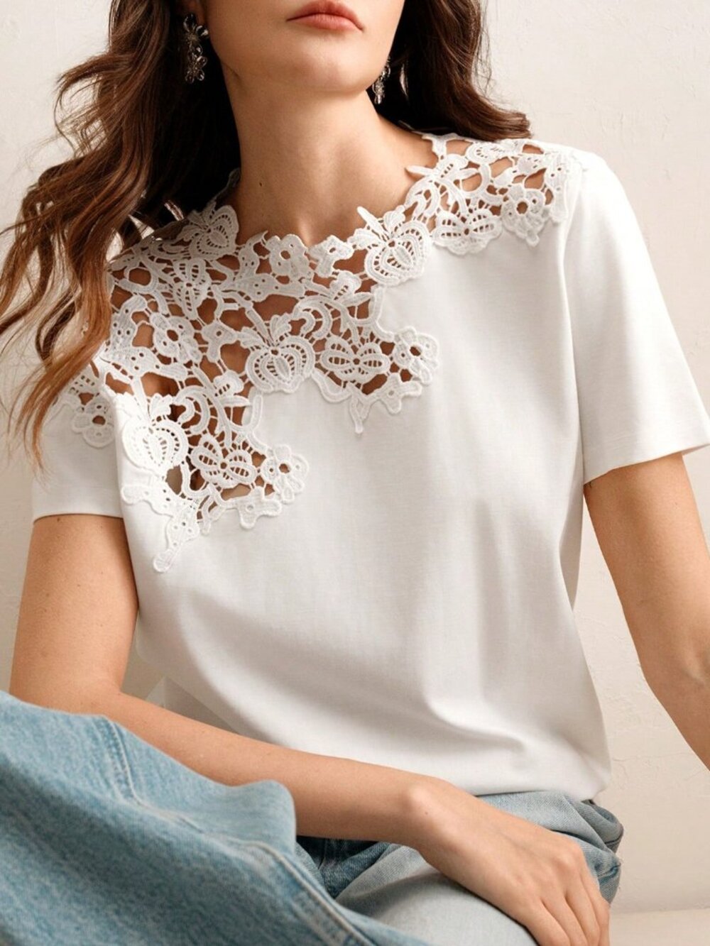 White Casual Women's Crochet Hollow-Out Short Sleeve T-Shirt - Picture 3 of 8